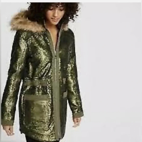 Express Green Sequin Parka With Fur Lining ✨ size Small‎ - Picture 5 of 13